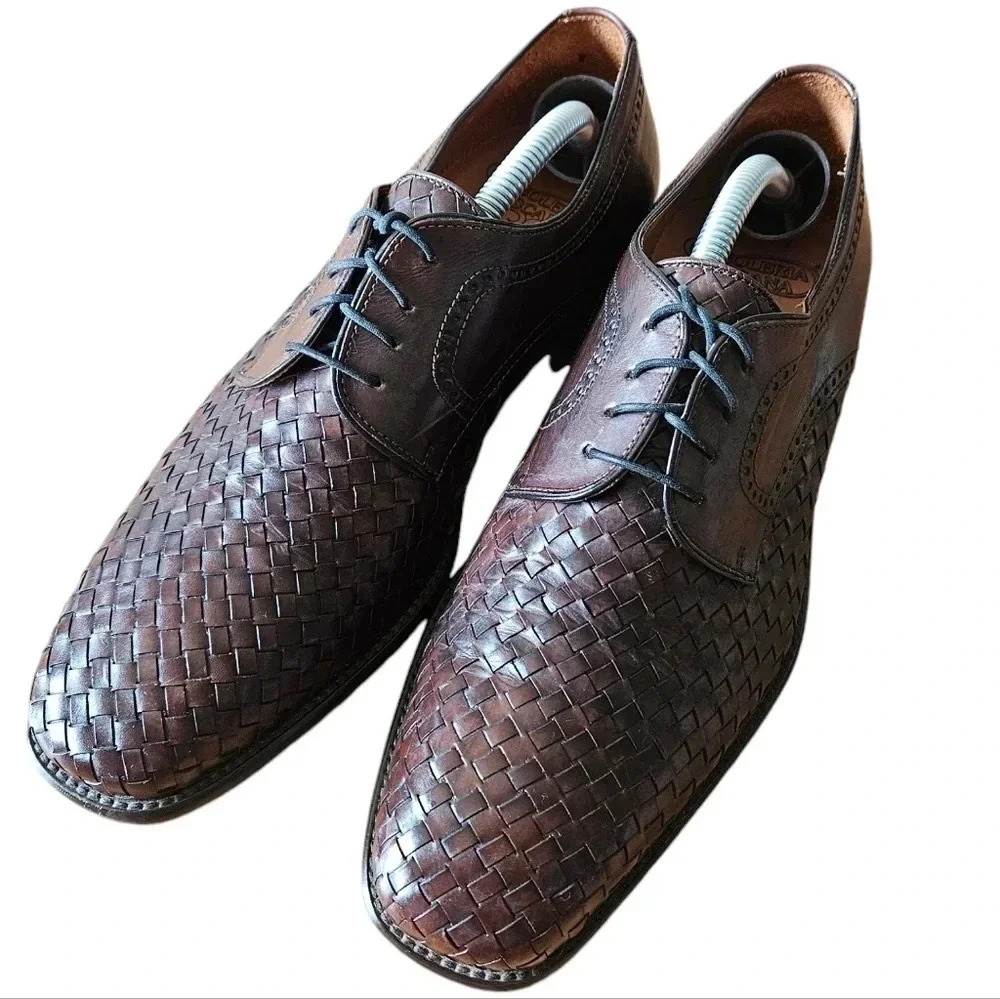 Calzoleria Toscana Men's Hand Craft Leather Woven Boho Casual Shoes Brown Sz 8.